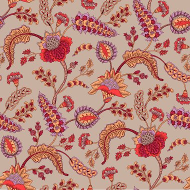 Fantezi çiçekli kusursuz desen, doğal duvar kağıdı, çiçek desenli kıvrım çizimi. Paisley el çizimi elementler. Ev dekoru.