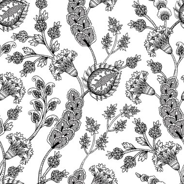 Fantezi çiçekli kusursuz desen, doğal duvar kağıdı, çiçek desenli kıvrım çizimi. Paisley el çizimi elementler. Ev dekoru.