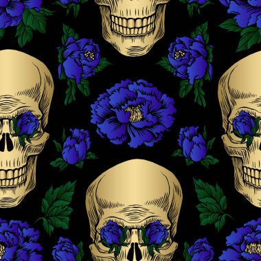 Kafatasları ve mavi çiçekler desen vektör Illustration