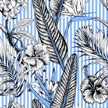Dikişsiz tropikal desen çizgili. Yaprakları palmiye ağacı illüstrasyon. Modern grafik. Plumeria çiçek, kuş cenneti, ebegümeci.