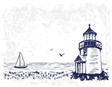 Deniz feneri ve tekne vektör çizimi