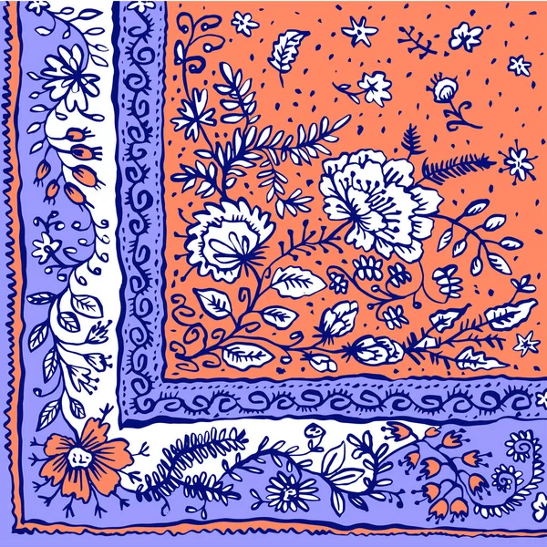 Renkli süs çiçek desenli şal, bandana, yastık, eşarp. Kare desen. Çiçek eşarp uygulama projesi. Beyaz arka plan üzerinde moda süsleme. Batik. 