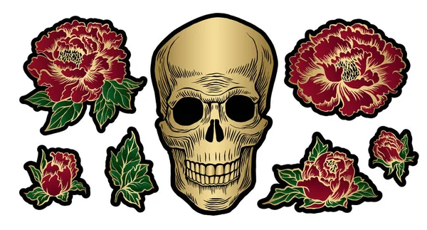 Ilustración Vectorial Cráneo Flores Rojas — Vector de stock