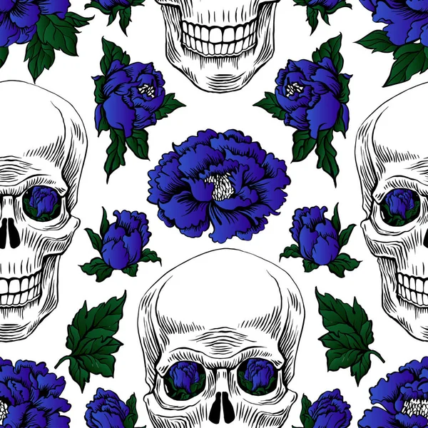 Ilustración Vectorial Del Patrón Cráneos Flores Azules — Vector de stock