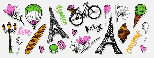 パリのシンボル ステッカーを設定します パリのロマンチックな旅 バゲット クロワッサン アイスクリーム マカロン マグノリアの花 刺繍デザイン 観光のお土産 — ストックベクタ