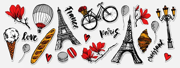 Paris sembolleri çıkartmaları ayarlayın. Romantik seyahat Paris. Baget, kruvasan, dondurma, macarons. Manolya çiçeği. Nakış tasarım. Turizm hatıra. Eyfel Kulesi.
