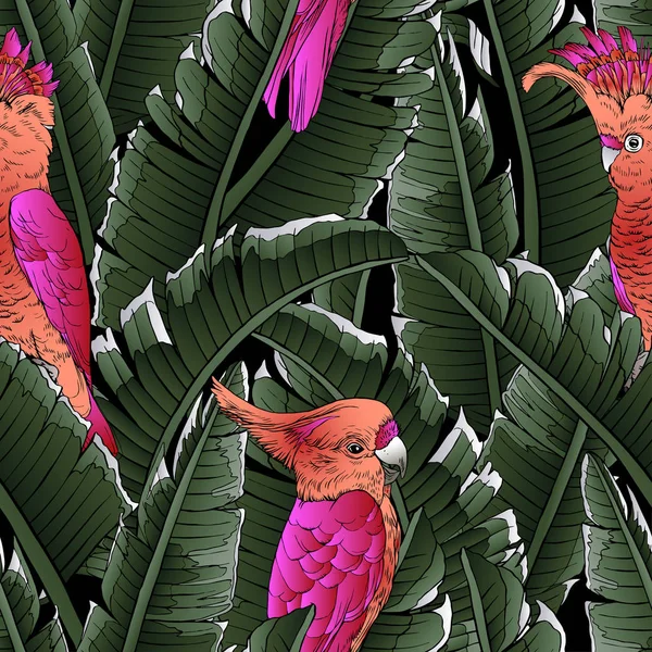 Padrão Tropical Sem Emenda Folhas Palmeira Ilustração Gráficos Modernos Papagaio — Vetor de Stock