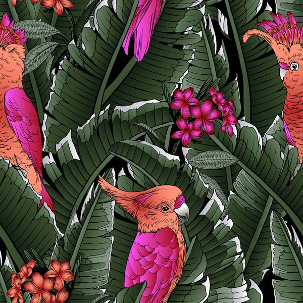 Padrão Tropical Sem Emenda Folhas Palmeira Ilustração Gráficos Modernos Papagaio — Vetor de Stock