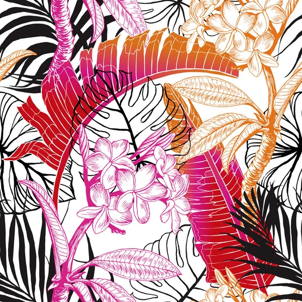Dikişsiz tropikal desen. Yaprakları palmiye ağacı illüstrasyon. Modern grafik. Plumeria çiçek. 