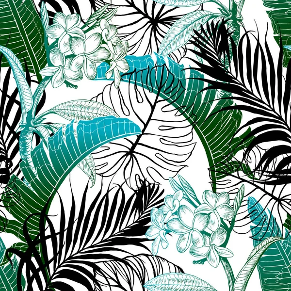Dikişsiz tropikal desen. Yaprakları palmiye ağacı illüstrasyon. Modern grafik. Plumeria çiçek. 