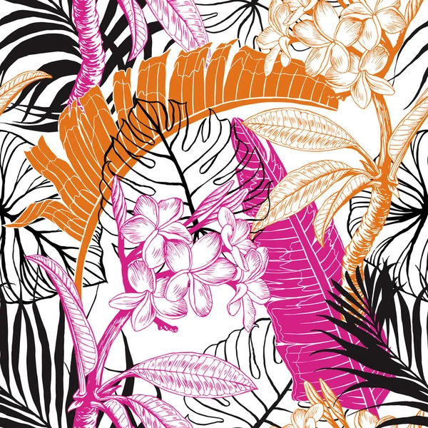 Dikişsiz tropikal desen. Yaprakları palmiye ağacı illüstrasyon. Modern grafik. Plumeria çiçek. 