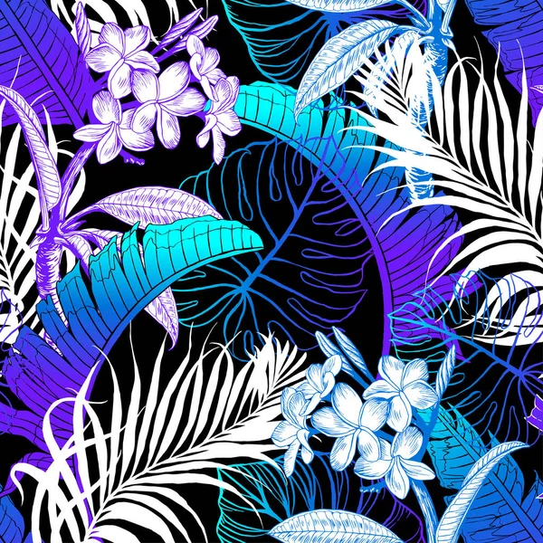 Modèle Tropical Sans Couture Feuilles Illustration Palmier Graphiques Modernes Plumeria — Image vectorielle