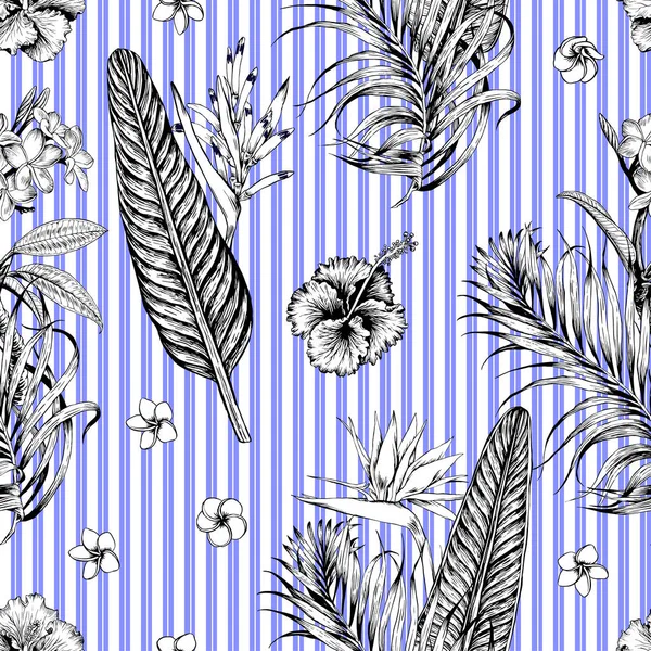 Бесшовный Тропический Узор Полосками Листья Пальмы Иллюстрации Современная Графика Плюмерия — стоковый вектор