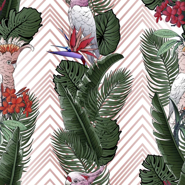 无缝的热带图案与条纹 留下棕榈树例证 现代图形 — 图库矢量图片