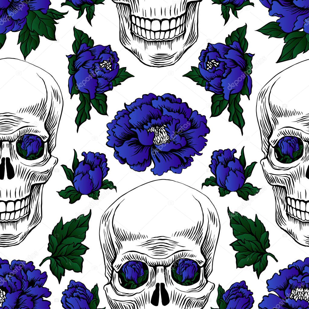 Vector illustration of skulls and blue flowers pattern