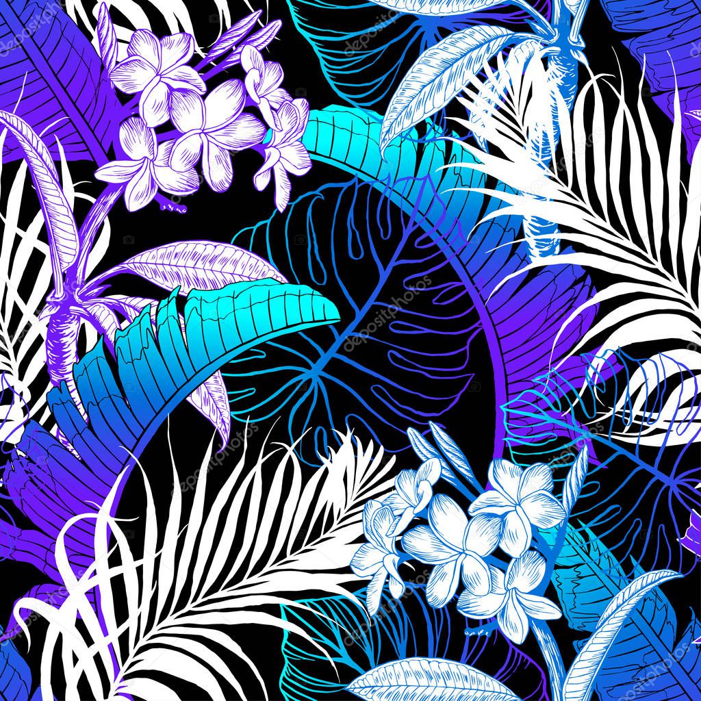 Seamless tropical pattern. Leaves palm tree illustration. Modern graphics. Plumeria flower. 