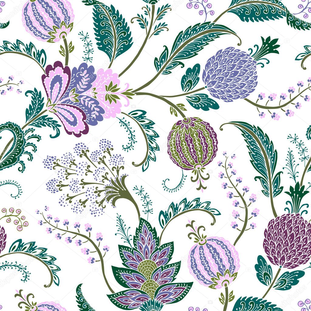 Seamless pattern with fantasy flowers, natural wallpaper, floral decoration curl illustration. Paisley print hand drawn elements. 