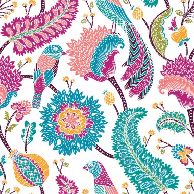 Fantezi çiçekler ve kuşlar desen vektör çizim 