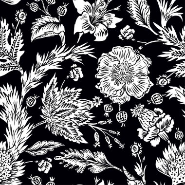 Fantezi çiçekli kusursuz desen, doğal duvar kağıdı, çiçek desenli kıvrım çizimi. Paisley el çizimi elementler. Ev dekoru.