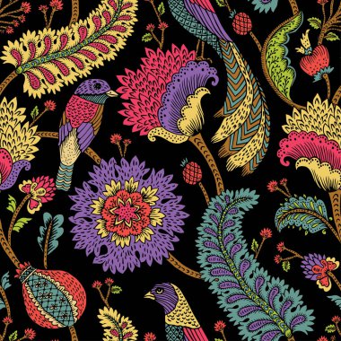 Fantezi çiçekli kusursuz desen, doğal duvar kağıdı, çiçek desenli kıvrım çizimi. Paisley el çizimi elementler. Ev dekoru.