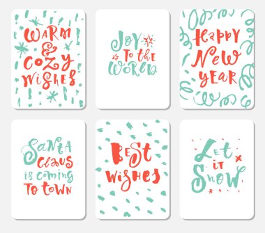Yaratıcı 6 kart dizisini. Noel posterler ayarlayın. Vektör çizim. Tebrik Scrapbooking, Tebrikler, Davetiyeler, çıkartmalar, planlamacıları için şablon. hat yazı elle çizilmiş
