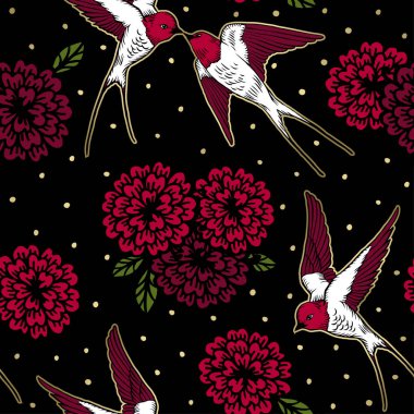 Kuşlar ve çiçekler desen vektör çizim