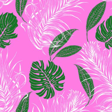 Dikişsiz tropikal desen. Yaprakları palmiye ağacı illüstrasyon. Modern grafik. Plumeria çiçek. 