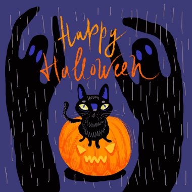 Cadılar Bayramı Balkabağı üzerinde oturan sevimli siyah kedi. Ya parani ya canini yazı hat. Mutlu Cadılar Bayramı tebrik kartı. 