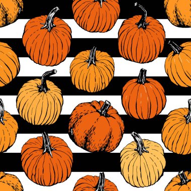 Kabak desen siyah arka plan üzerinde sorunsuz dahil olmak üzere. Elle çizilmiş kabak vektör. Kabak yama. 