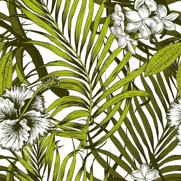 Dikişsiz tropikal desen. Yaprakları palmiye ağacı illüstrasyon. Modern grafik. Plumeria çiçek. 