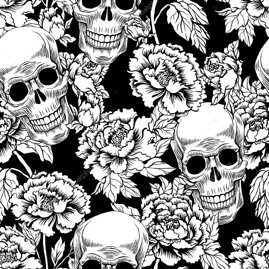 Vector illustration of flowers and skulls pattern