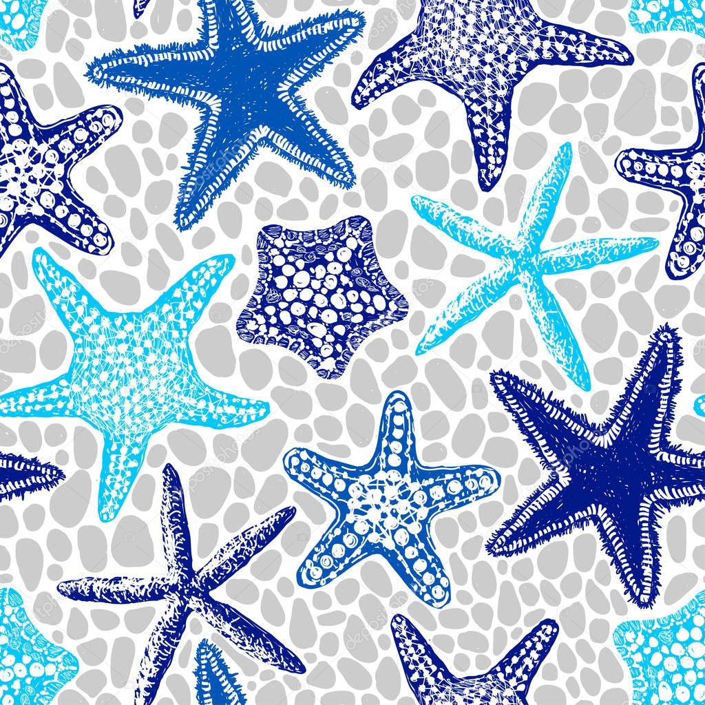 Sea stars and elements seamless vector print. Aloha, Hawaii, party. Hand drawn elements. Home decor. Textile design.