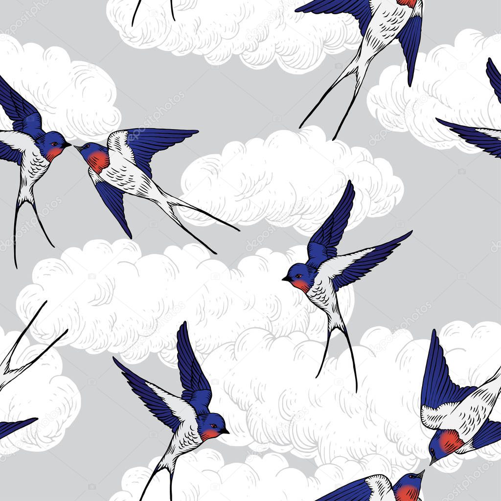 Vector illustration of sparrows and clouds