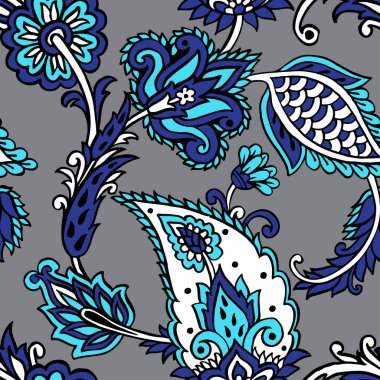 Fantezi çiçekli kusursuz desen, doğal duvar kağıdı, çiçek desenli kıvrım çizimi. Paisley el çizimi elementler. Ev dekoru.