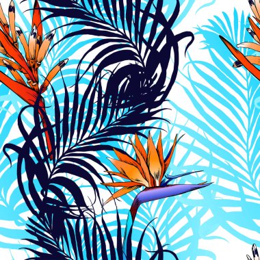 Dikişsiz tropikal desen. Yaprakları palmiye ağacı illüstrasyon. Modern grafik. Plumeria çiçek. 