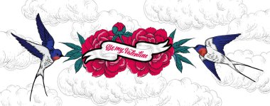 Mutlu Sevgililer günü vektör Illustration. Hipster amblem, kırlangıç ve çiçek tasarımı. Afiş, tebrik kartları, hediye, poster için kullanın. 