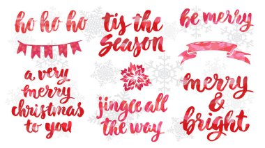 Elle çizilmiş tasarım yazı. Suluboya efekti. Senin için çok mutlu Noeller. Tis sezon. Ta jingle. Mutlu olun. Neşeli ve parlak. Ho ho ho.