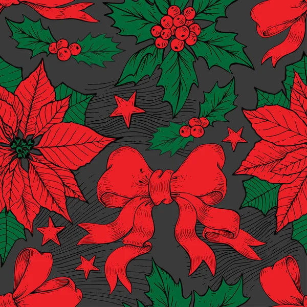 Christmas Vintage Seamless Pattern Holly Poinsettia Ribbon Berries Stars Engraving — Stock Vector