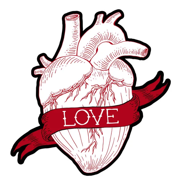 Гравировка Человеческого Сердца Татуировка Стиле Винтажная Лента Ручной Рисунок — стоковый вектор