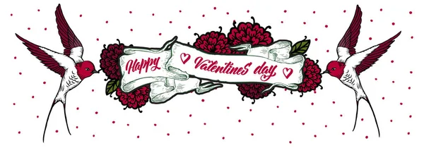 幸せなバレンタインデーのベクター イラストです 流行に敏感なエンブレム ツバメと花のデザイン バナー グリーティング カード ギフト ポスター用 — ストックベクタ