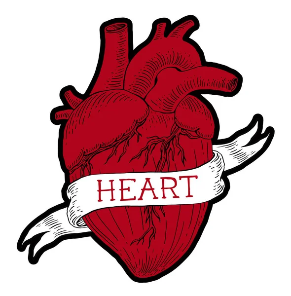 İnsan kalbi oyma illüstrasyon. Stil dövme. Vintage şerit. El yazı çekilmiş.