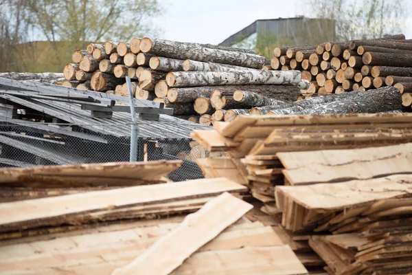 Träbearbetning Fabriken Träbearbetning Fabriken Loggar Och Styrelser Staplade Hög Trä — Stockfoto