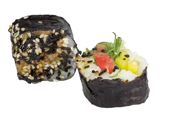 Dua Sushi Dengan Latar Belakang Putih Makanan Jepang — Stok Foto