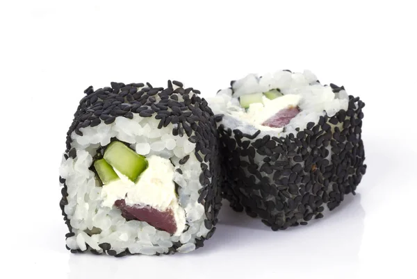 Sushi Rollen Japanisches Essen Isoliert Auf Weißem Hintergrund Speisekarte Des — Stockfoto