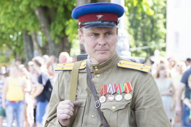 Beyaz Rusya, Gomel. 9 Mayıs 2018. Zafer Bayramı. 1945 yılında tarihi yeniden yakalama Dünya Savaşı'nın Sovyet ordusunun Reichstag.Red komutanı