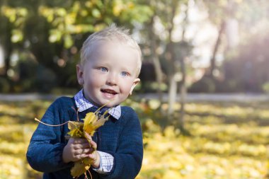 Küçük çocuk parkta sonbahar yaprakları ile. Bebek Güz