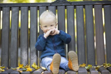 Sonbahar parkta bir bankta küçük çocuk.