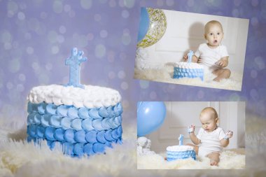 Kolaj ilk Doğum günü. Pasta bir yıl çocuk fotoğraflarını arka planı için