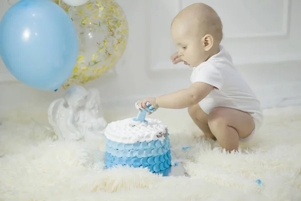 Niño Año Con Pastel Cumpleaños Primer Cumpleaños — Foto de Stock