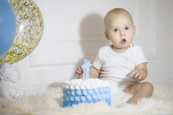 Niño Año Con Pastel Cumpleaños Primer Cumpleaños — Foto de Stock